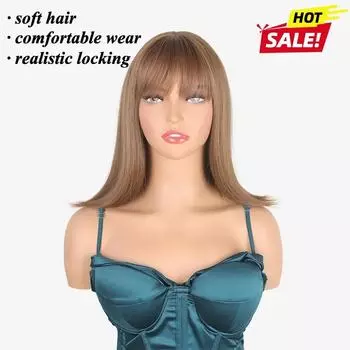 Synthetic European and American women s daily fashion short straight hair Qi bangs natural chemical fiber wig full headgear 38cm