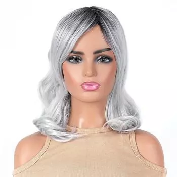 Synthetic White Grey Women Wig With Dark Roots Natural Shoulder Length Wave Wigs For Women Daily Party Use Heat Resistant Fibre Wigs серый белый