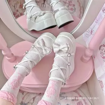 [Сырное любовное письмо на толстой подошве] Оригинальные туфли в стиле лолиты Portby College, милые туфли с круглым бантом на голове 34 белый