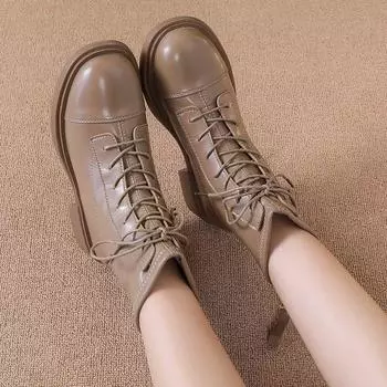 Sytlish women s boots Casual Autumn Lace Up Mid-calf Boots Fashion Khaki Black Leather Booties botas mujer 2024 tendencia 35 чёрный