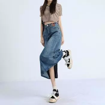 Сзади разрез женская летняя юбка средней длины с высокой талией повседневная грушевидная юбка-трапеция с поясом на бедрах удобная модная джинсовая юбка-бюстье S джинсовый