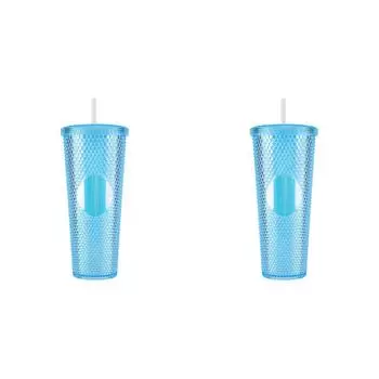 T0# 710ml Plastic Straw Cup Water Tumbler with Lid for Home & Outdoor (Blue)