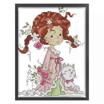 T0# Частичная вышивка Эко-хлопковая нить 14CT Напечатанная Девочка Набор для вышивки крестом Искусство KB080