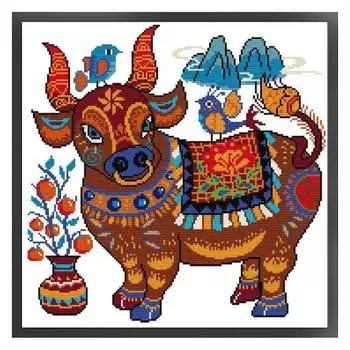 T0# Partial Embroidery Eco-cotton Thread 14CT Printed Cow Cross Stitch 40x40cm