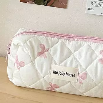 T0 # Симпатичная косметичка с бантом, хлопковая стеганая косметичка для женщин, косметичка для туалетных принадлежностей (розовый
