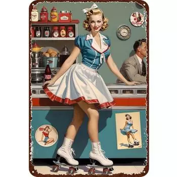 T0# Винтажная металлическая пластина Девушка Солдат Прямоугольная железная картина Настенная живопись Home Dec 1