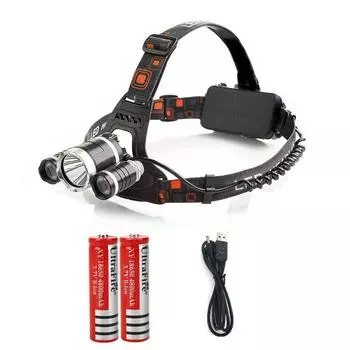 T6 90000LM Светодиодная фара Аккумуляторная фара Фонарик Светодиодный головной фонарик 2 x Battery+USB чёрный