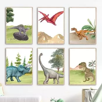 T-rex Стегозавр Птерозавр Динозавр Юрского периода Детская Настенная картина на холсте Плакаты и принты Картинки Мальчик Детская комната Декор A4 21X30cm No Framed