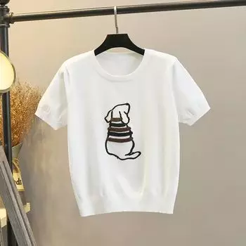 T-shirt Ice Silk round Neck Knitted Loose Short Sleeve Embroidery Puppy White XL