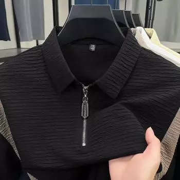 T-Shirt Men S Lapel Short-Sleeved Polo Shirt Casual Zipper Medium And Green Loose Top M