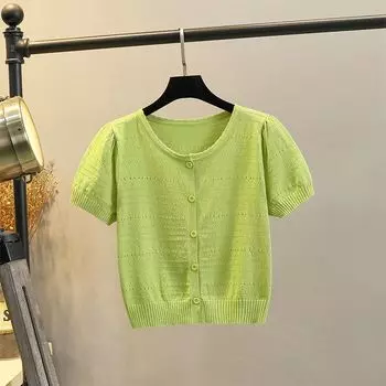 T-shirt Top V Neck Ice Silk Cardigan Slim-Fitting Simple Short Sleeve Aocado Green -8422 XL