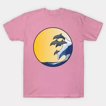T Shirt Women Dolphins Riding Wave Harajuku Print Kawaii Tshirt Summer Short Sleeve Female T-Shirt Top Tee S розовый