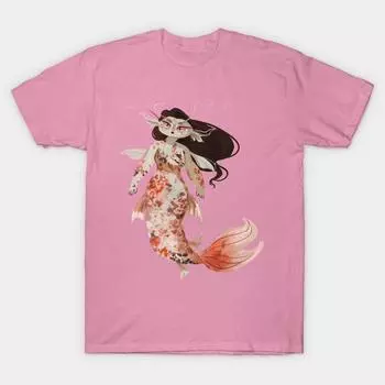 T Shirt Women Koi Mermaid Harajuku Print Kawaii Tshirt Summer Short Sleeve Female T-Shirt Top Tee S розовый