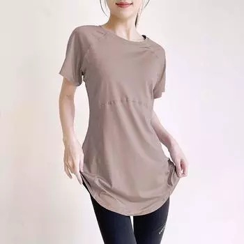 T-shirt Women s Yoga Clothes Summer Mid Length Long Length Thigh-Length Slim Looking Quick-Dry Short-Sleeved Top Breathable Workout Bottoming Thin Curry color S