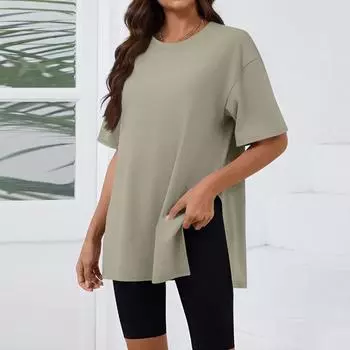 T Shirts For Women Pleated R-Neck Dressy Casual Blouses Printing Short Sleeve Summer Tops Loose Fit M хаки