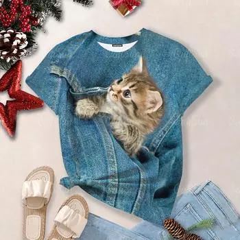 T-Shirts Overzise For Women 3d Cute Cat Print O-Neck Short Sleeve Tees Tops Kawaii Casual T Shirts Aesthetic Tops Woman S