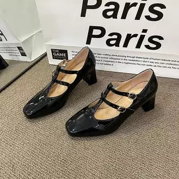Туфли-лодочки с Т-образным ремешком, женские, весна и осень, новые туфли на высоком каблуке с квадратным носком и двойной пряжкой, туфли Мэри Джейн на толстом среднем каблуке 34 чёрный