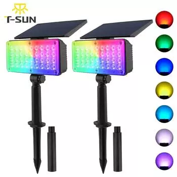 T-SUN 2PCS RGB Солнечный Светильник Уличный Солнечный Прожектор Солнечный Светильник Для Декора Сада Фестиваль Декоративная Лампа Ландшафтный Светильник