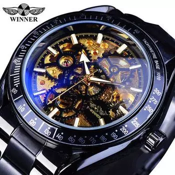 T-winner мужские механические часы автоматический ветер черный золотой скелет часы браслет для мужчин