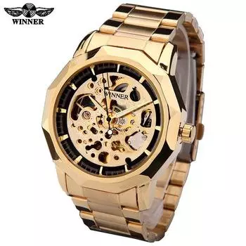 T-Winner Золотые часы Мужские часы-скелетон Автоматические механические часы Стальной ремешок