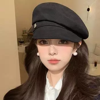 Та же шляпа-облако Чжан Руонаня, женская мода на осень и зиму, показывает лицо, маленький берет с плоским верхом, шляпа газетчика, художник, восьмиугольная шляпа, прилив M (56-58cm) Zhang Ruonan same cloud hat чёрный