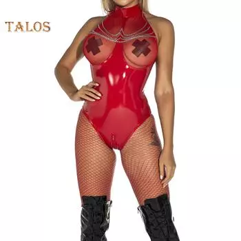 TA Женское боди из искусственной кожи без рукавов с открытой спиной в сетку, на молнии, в промежности 3XL