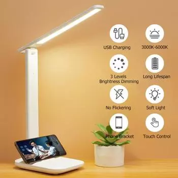 Настольная лампа USB Touch Dimmable Night Light Складная студенческая общежитие чтение Защита глаз спальня светодиодная настольная лампа USB зарядка Dimmable-Cool White