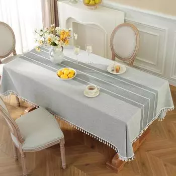 Tablecloth Rectangular Dust Washable Cloth Cotton Linen Tassel Dinning Decor Gray,140*140cm/55.12*55.12in