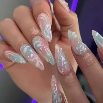 Таблетки для дизайна ногтей Wear Nail Pink And Blue Smudged, трехмерные перламутровые искусственные звезды для ногтей, съемные планшеты для дизайна ногтей 24 шт.