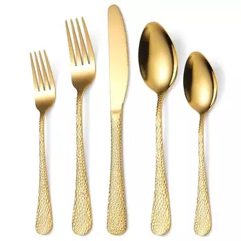 Столовые приборы Набор из пяти предметов с рукояткой из змеиной кожи, нож и вилка для стейка, ложка, нож и вилка из нержавеющей стали, золото YSH-5-5PCS золотой