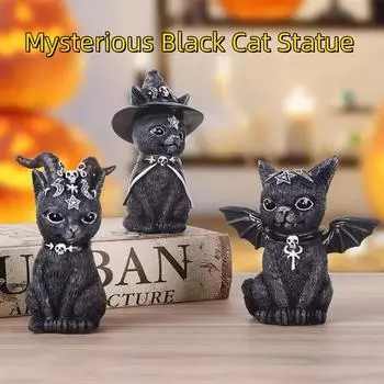 Таинственная черная статуя кошки, милая статуя кошки, ведьмы, украшение для рабочего стола, рисованная вручную скульптура на Хэллоуин, 1 шт.