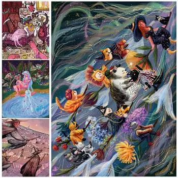 Таинственная нимфа, летающие ведьмы и кошки, настенная живопись, холст, украшение для дома, ведьмы, летающие на досуге 21cm30cm NoFrame