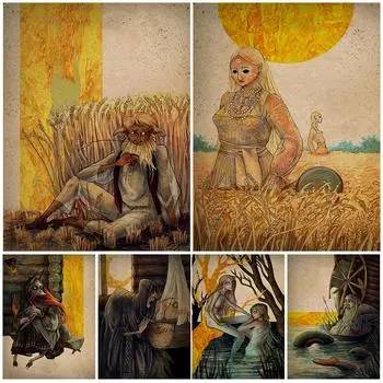Таинственное существо в славянской мифологии, винтажная настенная живопись на холсте Кикимора, Водяной, Леди Полдень, художественные постеры, декор без рамки 21*30cm No Frame