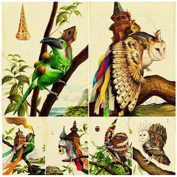 Таинственные птицы несут разнообразные дома, стены в стиле ретро, художественные холсты, печатные украшения и красочные постеры с изображением птиц в виде человеческих лиц. 21cm30cm NoFrame