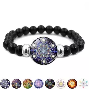 Таинственный браслет с кнопками в виде куба Метатрона, сакральная геометрия, цветок жизни, эластичные черные бусины, браслеты-нити для мужчин и женщин