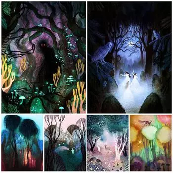 Таинственный и красочный Волшебный лес, винтажная настенная живопись маслом, три ведьмы, танцующие в лесу, плакат 21cm30cm NoFrame