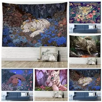 Таинственный лесной гобелен, настенный подвесной цветок, джунгли, животное, луна, океан, пейзаж, иллюстрация, гобелен для домашнего декора комнаты 95x70 CM