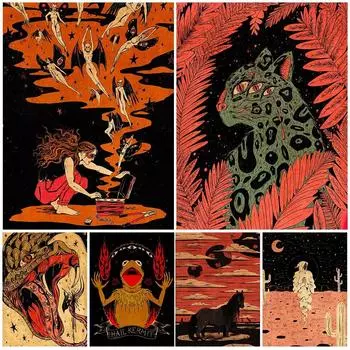 Таинственный ужасный змей и сундук с сокровищами ведьмы, настенная живопись на холсте, абстрактное языческое колдовство, элемент, печать плаката, без рамки 21*30cm