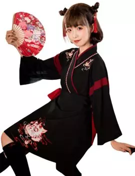 Taisho Roman Hakama Set Short Shrine Maiden Yukata Kimono Hanfu Cosplay with Obi Nekomata Fox Above the Knee [Lady Lazy] (L, Black)