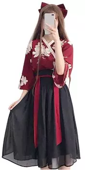 Taisho Roman Hakama Японская одежда Hanfu Yukata Kimono Halloween Cosplay Schoolgirl Skirt Showa Retro Ladies Costume Shooting One Size Fit Most темно-красного