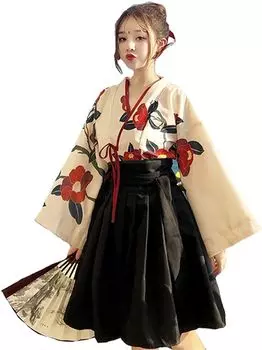 Taisho Roman Hakama Японская одежда Кимоно Hanfu Косплей Этнический костюм Короткий узор Камелия [Lady Lazy] Женская (Черный, Л) чёрный