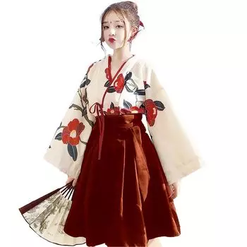 Taisho Roman Retro Cosplay Anime Asian Hakama Short Length Yukata Японская одежда Кимоно Crossdressing Event Party Halloween Floral Pattern красный
