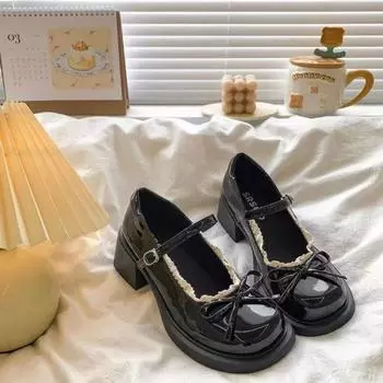 Taizhou round head bright leather women s new thick heel buckle single shoes college style bow JK leather shoes 35