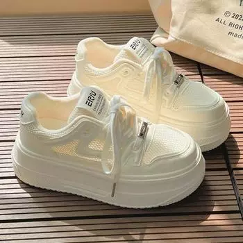 Taizhou thick-soled mesh lace-up little white shoes new round head heightening breathable women s shoes student casual board shoes women 35