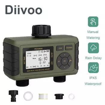 Таймер для садового шланга Diivoo с таймером и частотой полива, таймер подачи воды на 2 выхода, с задержкой дождя и ручным поливом 2 zone зелёный