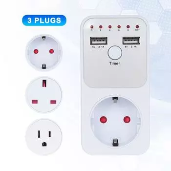 Таймер обратного отсчета с розеткой 5 В 2,1 А с 2 портами USB, вилка, переключатель таймера для электроприборов ЕС, США, Великобритания us белый
