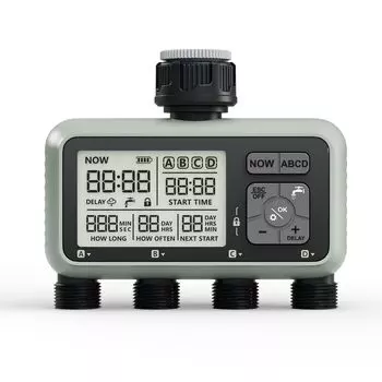 Таймер подачи воды Diivoo с 4 выходами для садового шланга, программируемый автоматический таймер полива с задержкой на случай дождя и ручным/автоматическим режимом полива для газона, двора, бассейна 4 zone зелёный