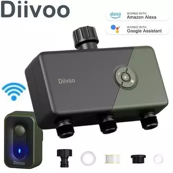 Таймер спринклера Diivoo WiFi, 3 зоны с режимом орошения по времени/запотеванию, таймер орошения с дистанционным управлением для сада, двора и газона 3 zone зелёный
