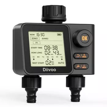Таймер водяного шланга Diivoo, 2 выхода с ручным поливом, блокировкой от детей, водонепроницаемость IPX5 для сада, уличного газона, бассейна 2 Outlets чёрный