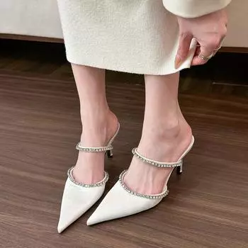 Так красиво! Стразы слово мелкий рот высокие каблуки женские весенние заостренный нос тонкий каблук полутапочки женские 35 белый